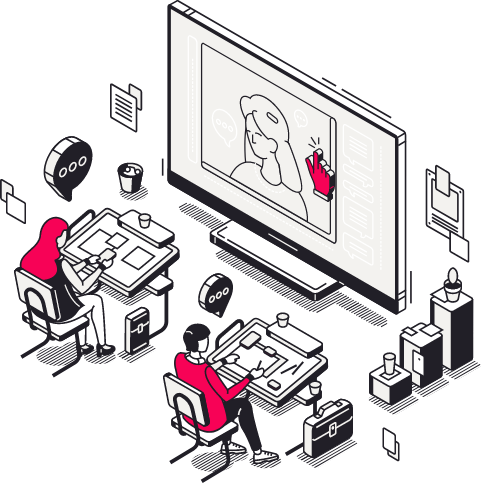 people at desk watching Connect event on big desktop screen Connect red/off-white illustration