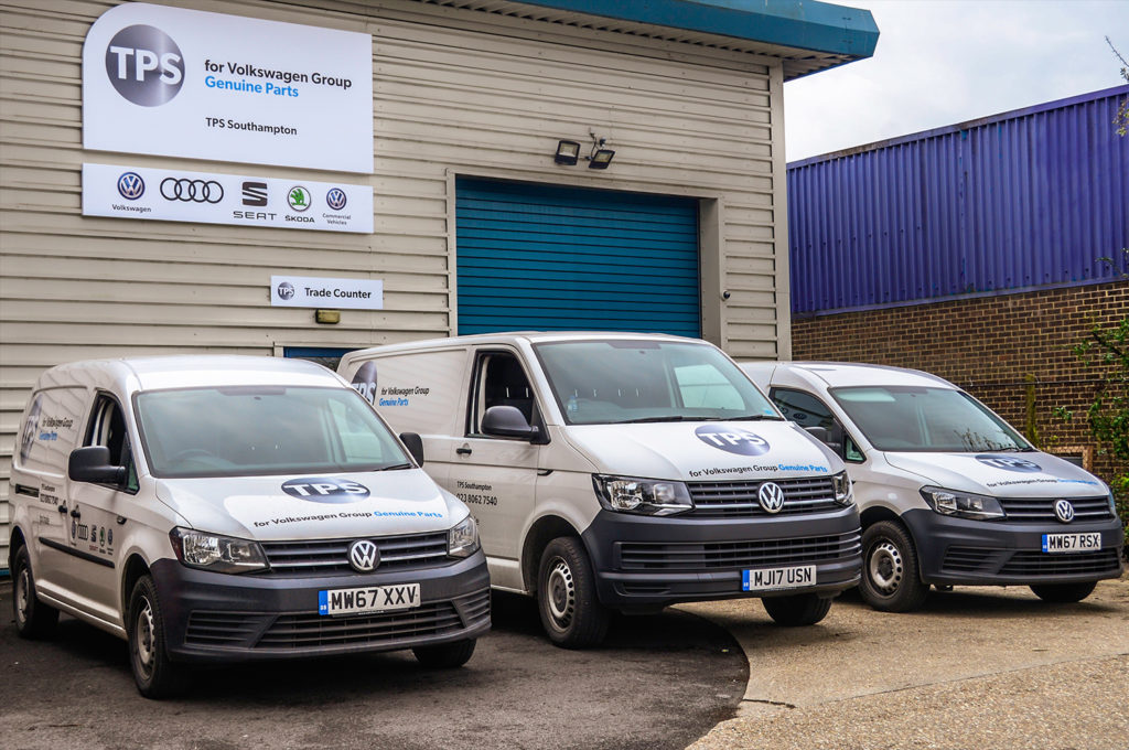 TPS Southampton for Volkswagen Group Genuine Parts building with multiple VW branded vans in front