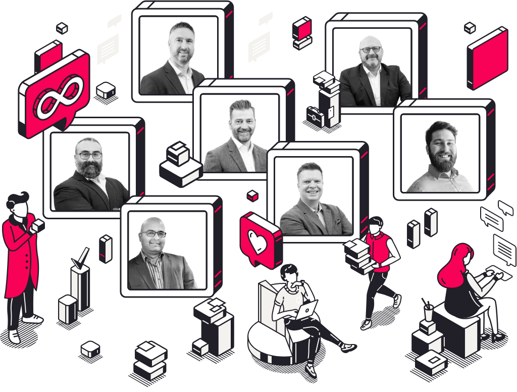 leadership team of 7 images black and white coloured layered in cube illustrations with red/off-white Connect illustrations of people working surrounding them 2