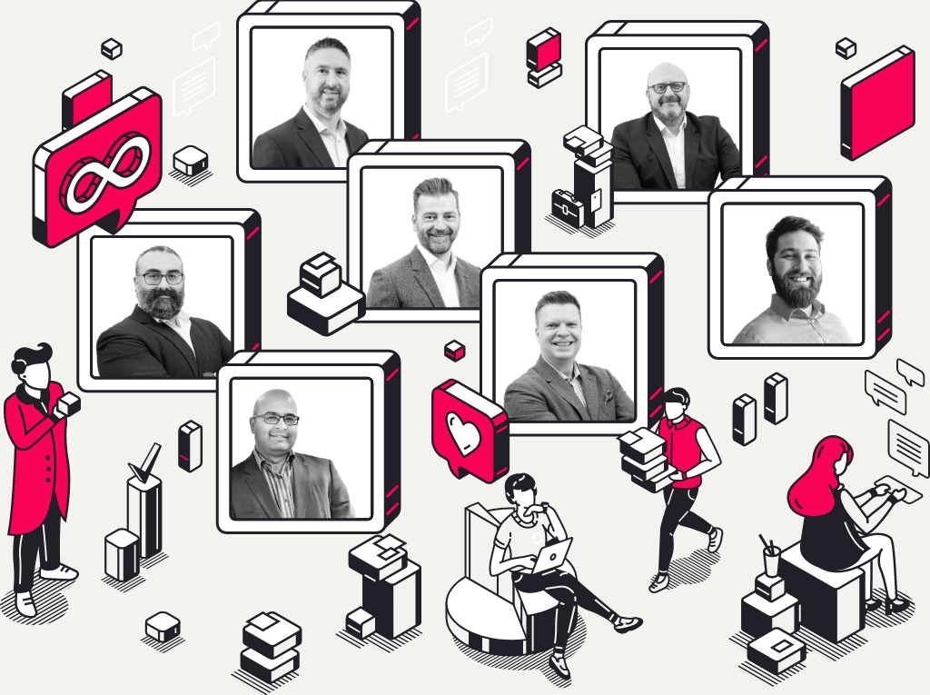 leadership team of 7 images black and white coloured layered in cube illustrations with red/off-white Connect illustrations of people working surrounding them