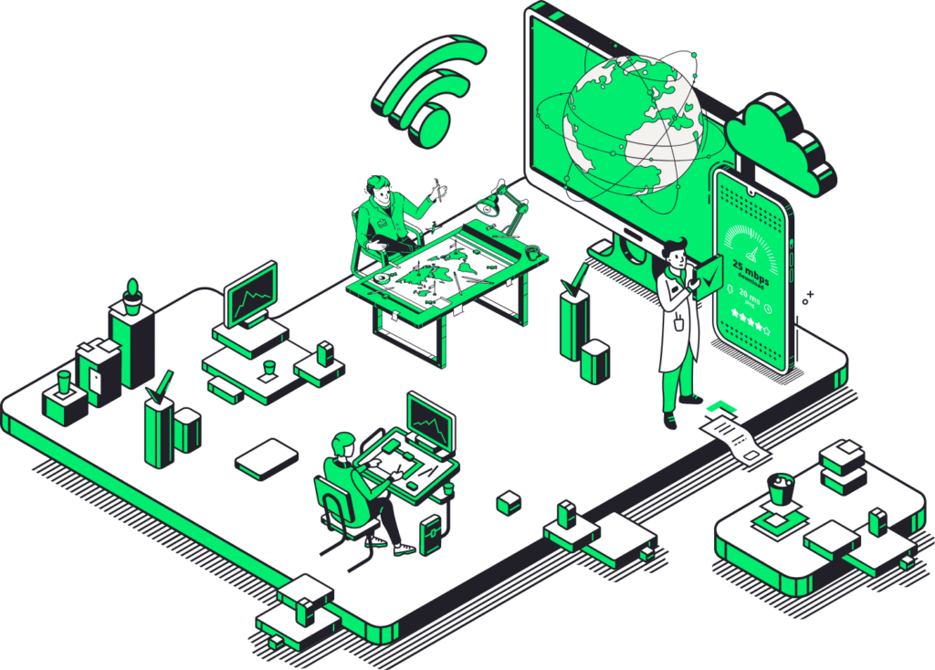 Connect green illustration of Global SIP including illustrations of wifi, earth and cloud 3