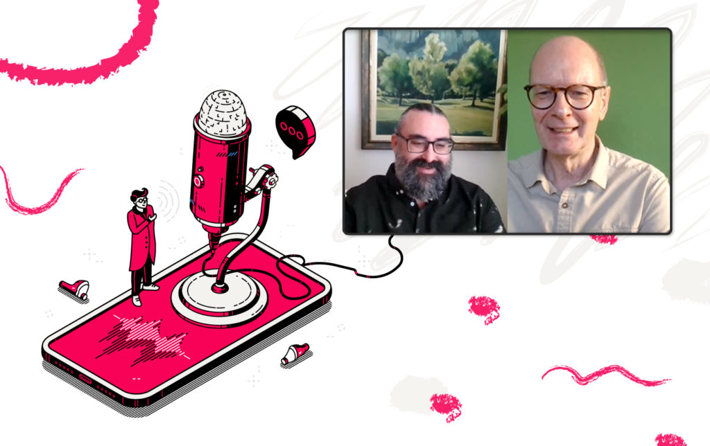 The convergence of CX tech podcast episode snippet connected to Connect red illustrative smartphone and mic on a red decorative white background