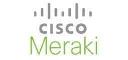 Cisco Meraki logo with grey Cisco bars above and green Meraki text below