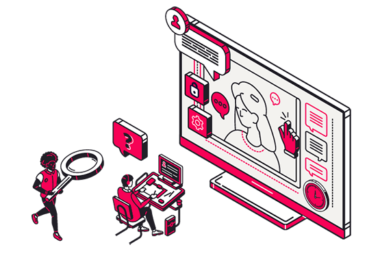 Illustration of an AI-powered identity verification interface displaying a user profile, biometric authentication, security controls, and customer support automation.