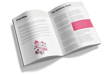 Open book showing a report overview and business needs assessment for an AI-powered customer service solution, featuring diagrams of digital workflows and support automation.
