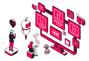 Illustration of a customer support AI assistant analyzing user profiles on a computer screen while interacting with human agents through chat, voice, and automation.